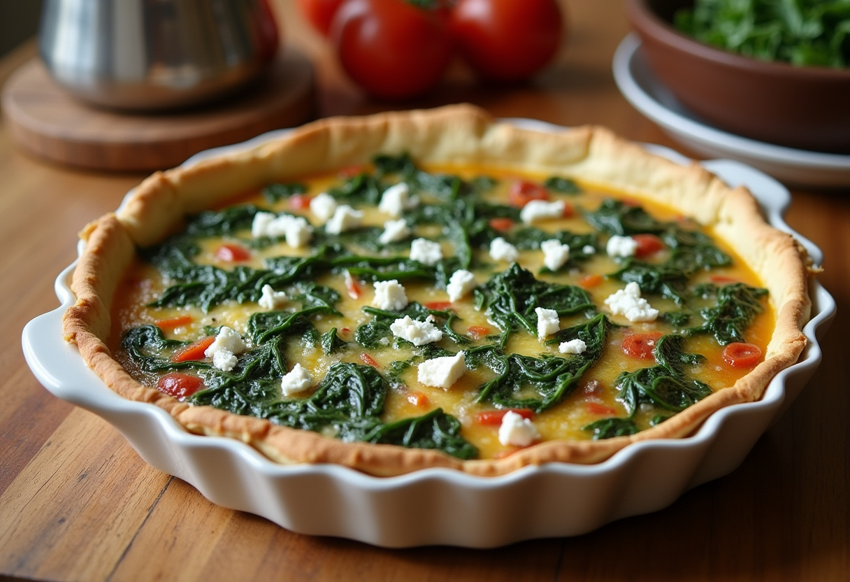 Spinach, feta cheese, and onions filling a quiche dish for a savory quiche recipe.