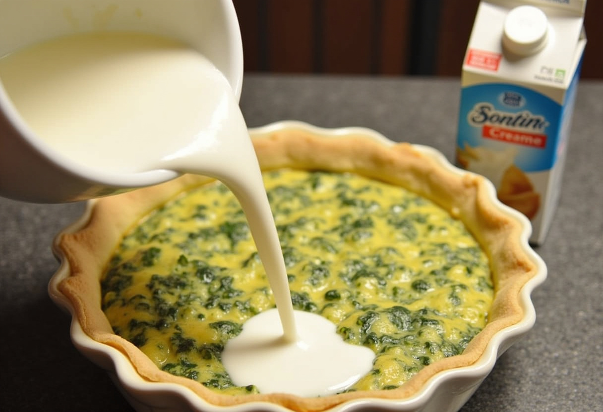 Heavy cream being added to the spinach and feta mixture in a quiche dish.