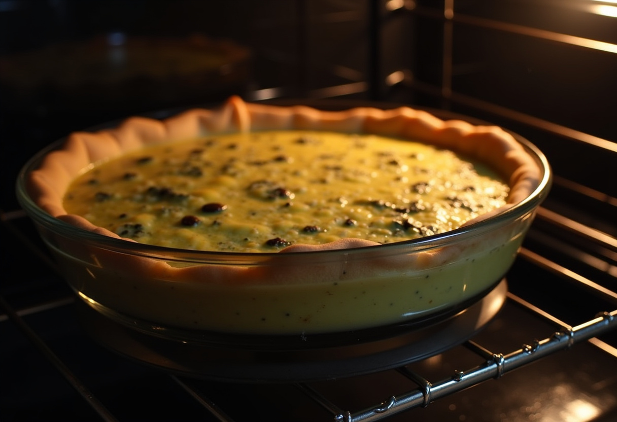 Spinach Quiche being placed into a preheated oven for baking.