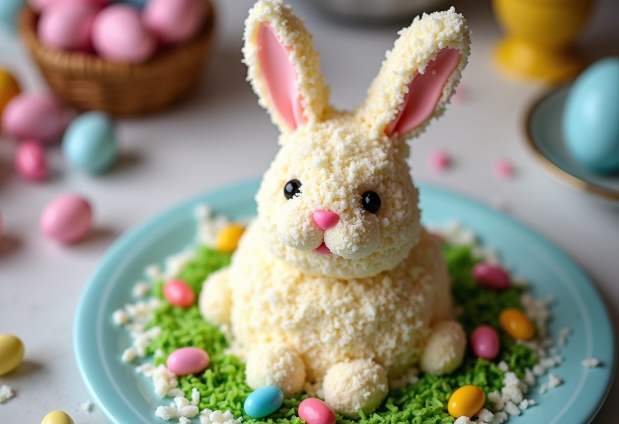 Finished Traditional Easter Bunny Cake decorated for Easter.