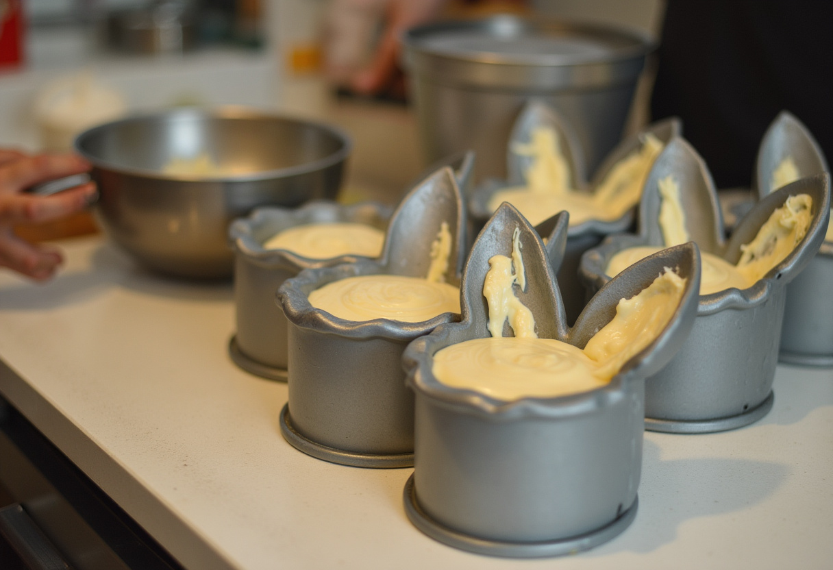 Bunny ear cake pans ready for Traditional Easter Bunny Cake batter.