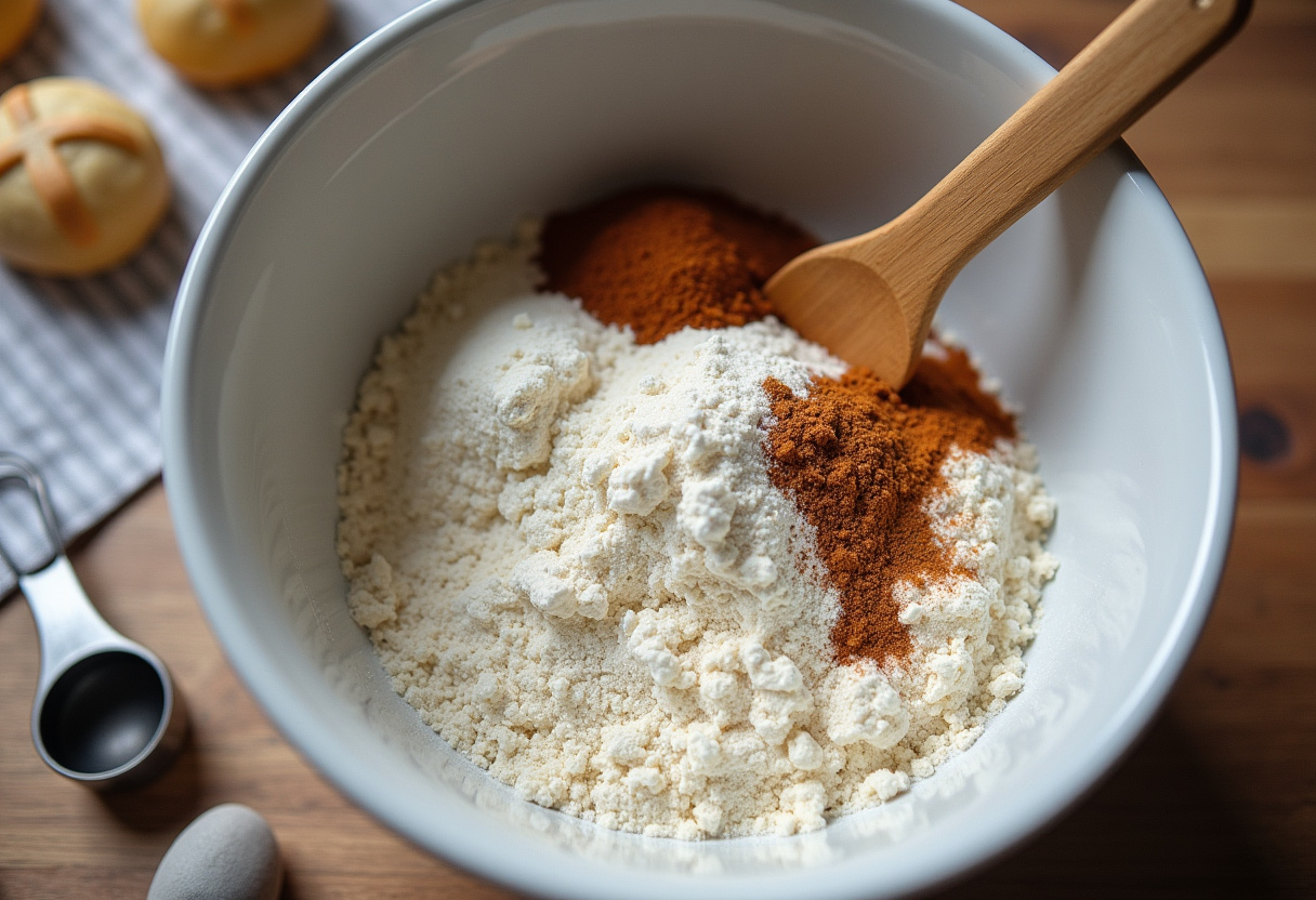 Dry ingredients being prepared in a mixing bowl for traditional Hot Cross Buns.