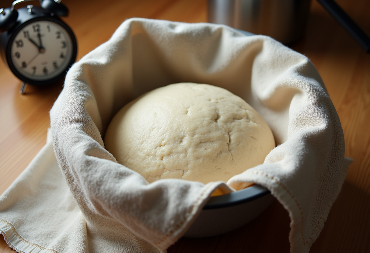 Dough rising in a bowl covered with a kitchen towel for making Hot Cross Buns.