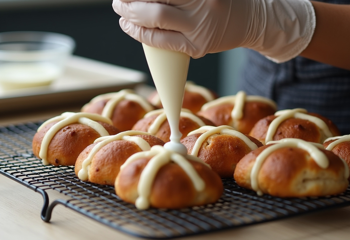 Icing crosses being piped onto freshly baked Hot Cross Buns.