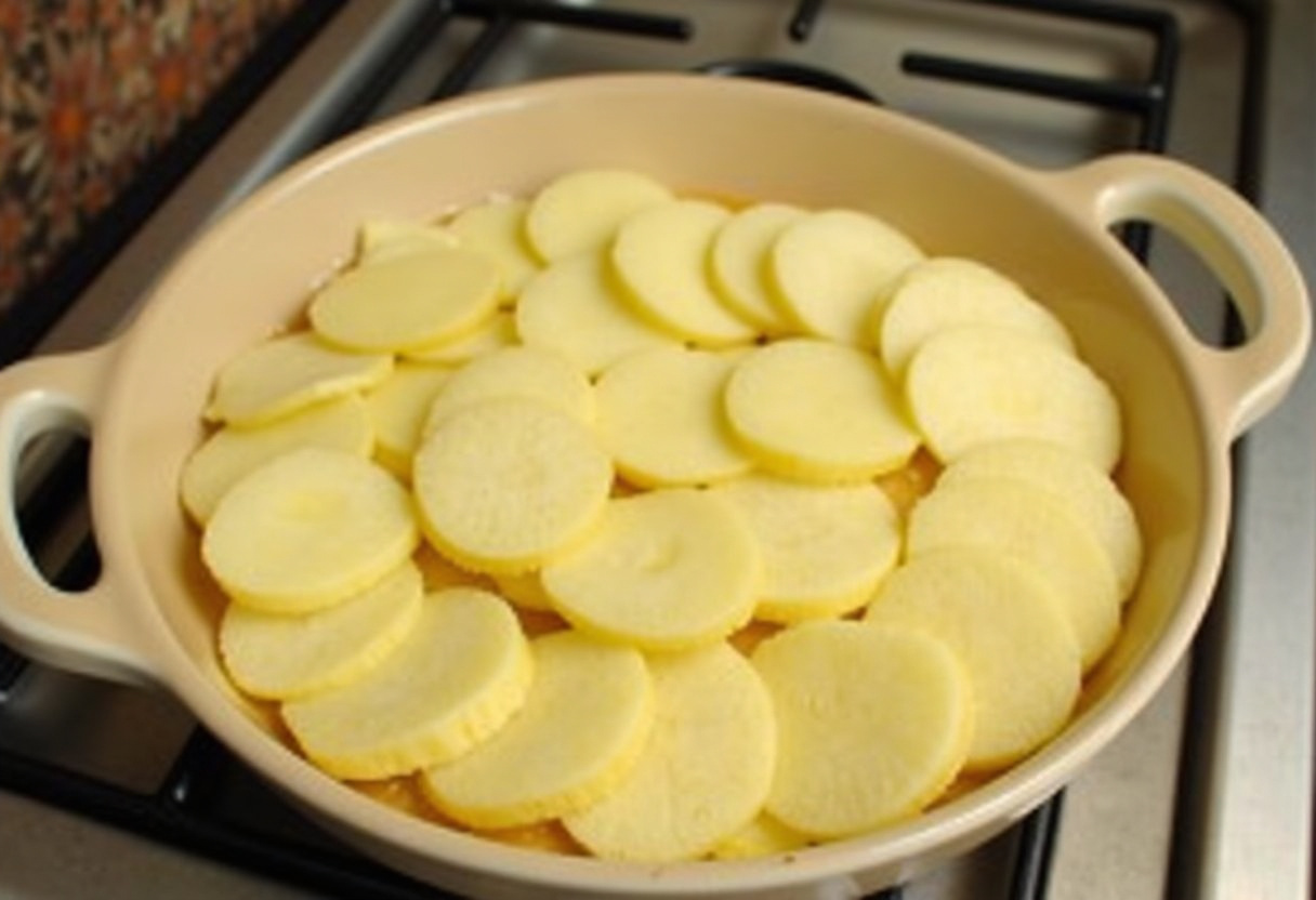 Traditional Scalloped Potatoes 9 Thinly sliced potatoes arranged in a baking dish for Traditional Scalloped Potatoes.
