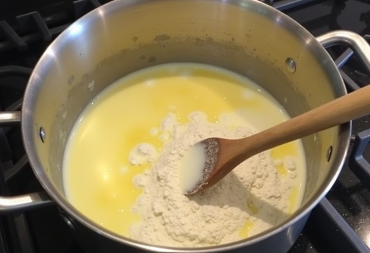 Traditional Scalloped Potatoes 10 Creamy sauce being prepared for Traditional Scalloped Potatoes on the stove.