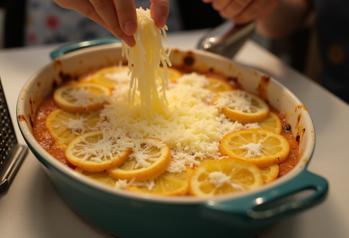 Traditional Scalloped Potatoes 11 Layered potatoes and sauce with cheese being added for Traditional Scalloped Potatoes.