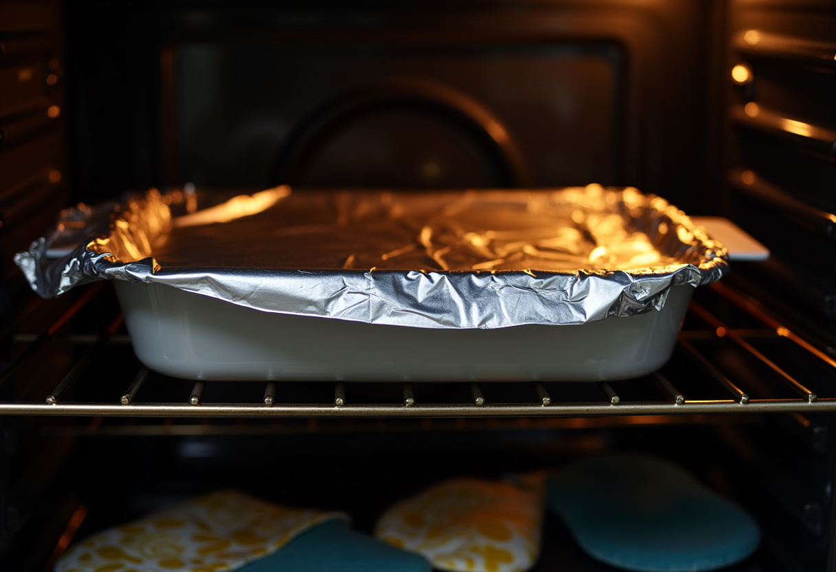 Traditional Scalloped Potatoes 12 Baking dish with Traditional Scalloped Potatoes covered and ready for the oven.