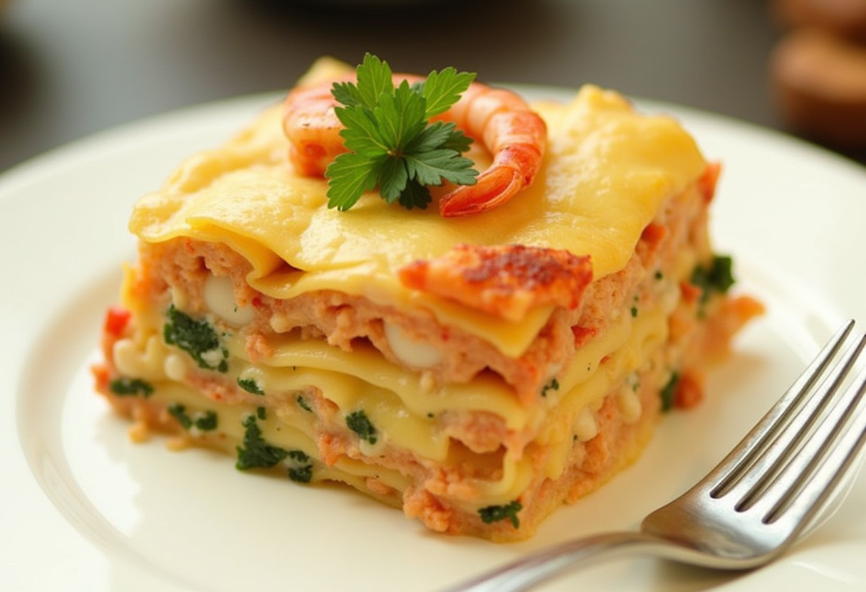 Delicious slice of Seafood Lasagna with Lobster and Shrimp, ready to serve.