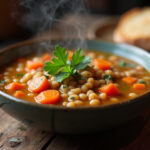 Vegetable Barley Soup 13 Finished Vegetable Barley Soup garnished with parsley, served with crusty bread.