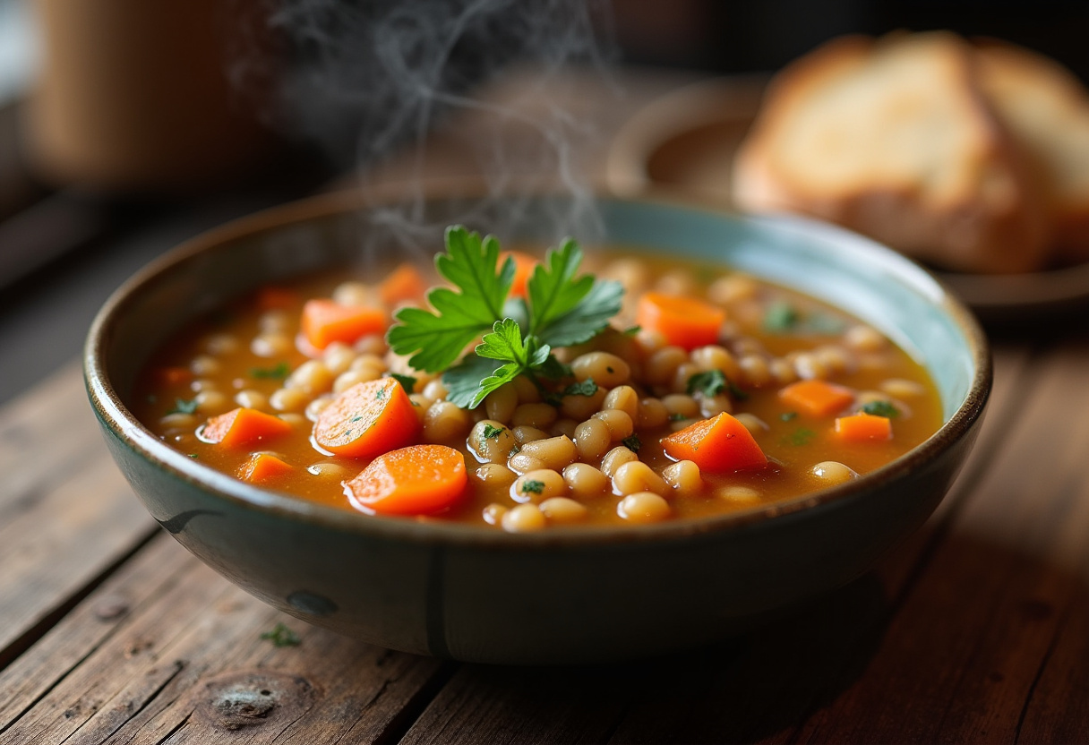 Finished Vegetable Barley Soup garnished with parsley, served with crusty bread.