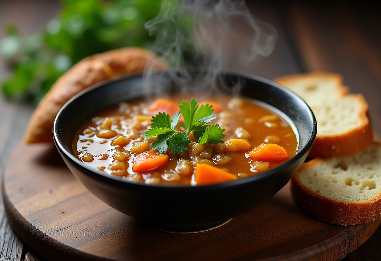 Vegetable Barley Soup 8 Finished Vegetable Barley Soup garnished with parsley, served with crusty bread.
