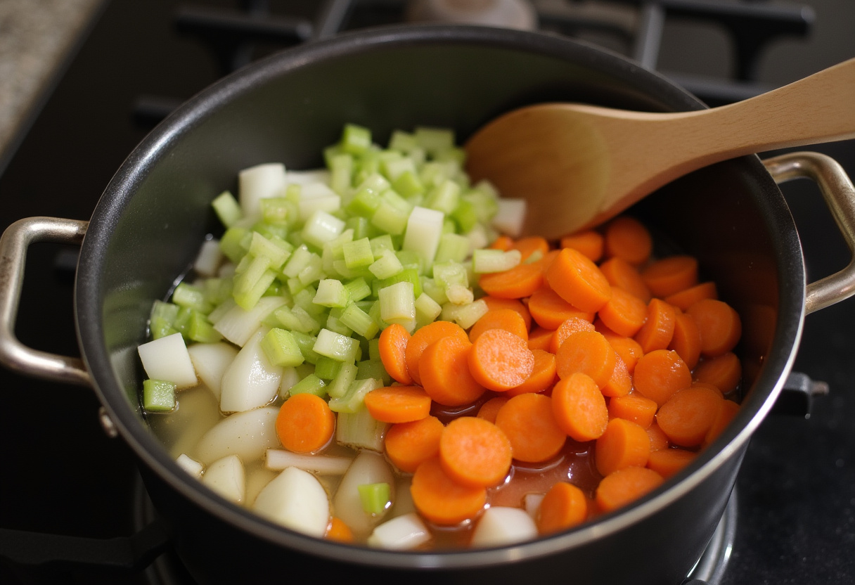 Vegetable Barley Soup 9 Chopped onions, carrots, and celery sautéing in a pot for Vegetable Barley Soup.