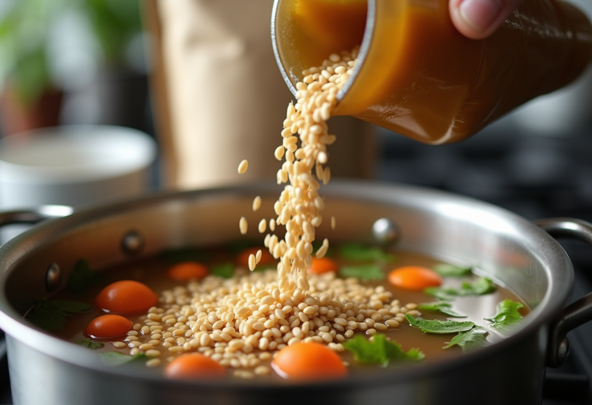 Vegetable Barley Soup 11 Barley being added to the pot of vegetables and broth for Vegetable Barley Soup.