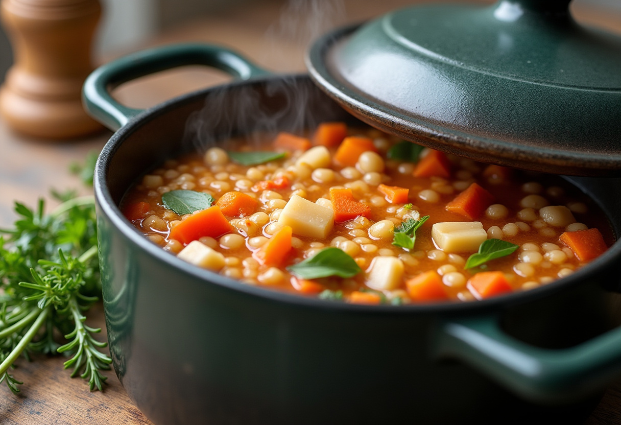 Vegetable Barley Soup 12 Simmering pot of Vegetable Barley Soup with fresh herbs nearby.